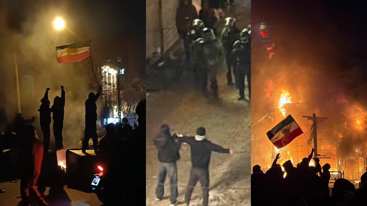 Protests featuring flags, smoke, and clashes between demonstrators and police in a tense urban setting.