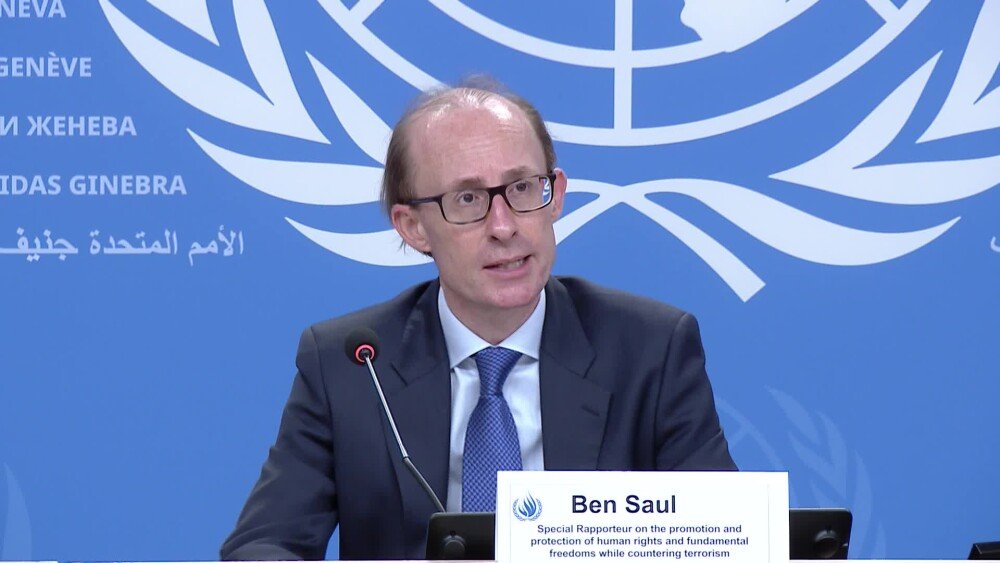 Ben Saul, UN Special Rapporteur, speaks at a press conference on human rights and counter-terrorism at the United Nations in Geneva.
