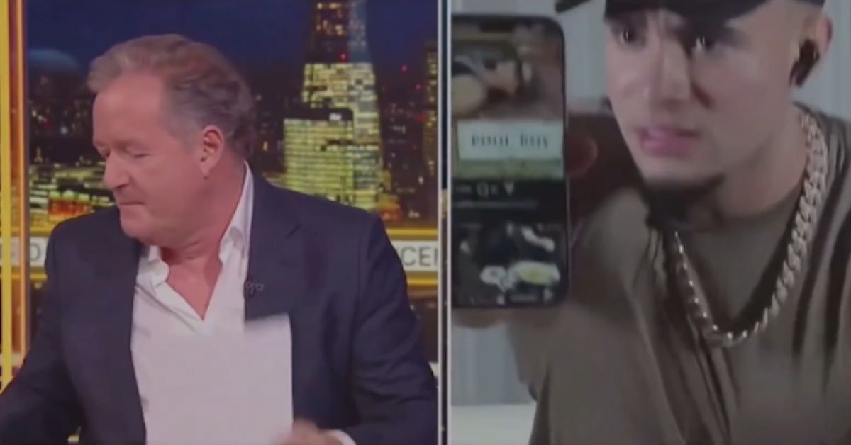 Piers Morgan reacts to a guest showing content on a smartphone during a live broadcast, highlighting a tense discussion.
