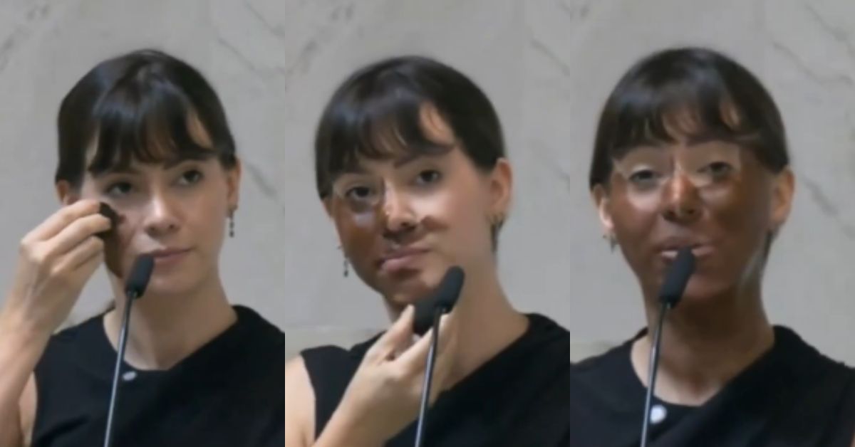 Woman speaking at a podium, demonstrating makeup application techniques with a makeup sponge, showcasing different facial expressions and lighting variations.