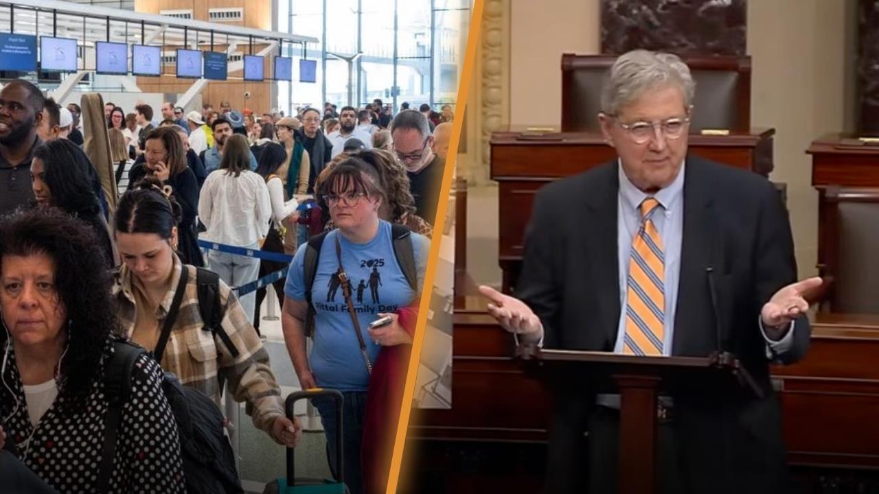 Crowded airport terminal with travelers waiting in line alongside a politician speaking at a podium in the Senate chamber.