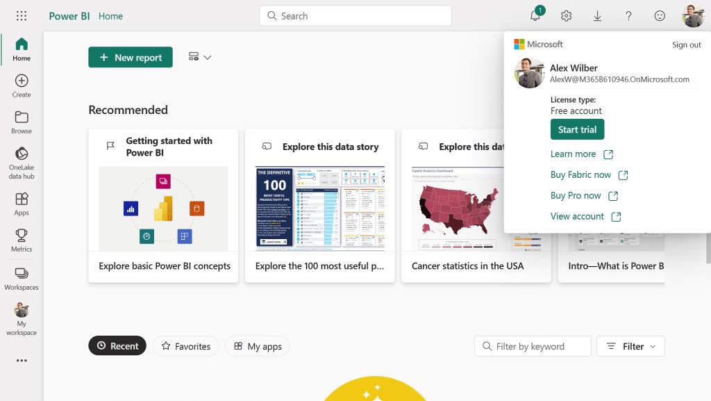 Microsoft Power BI free version interface displaying interactive business intelligence dashboards