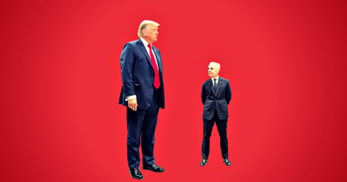Two men, one significantly taller, stand against a red background, illustrating a stark contrast in height and presence.