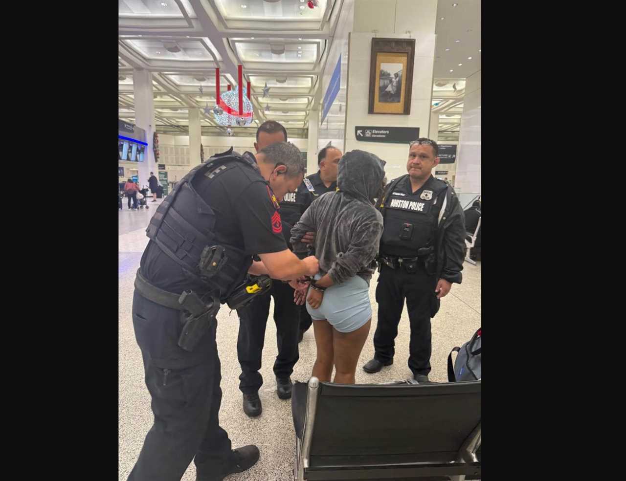 Police officers arresting an individual in a busy airport terminal, with other travelers in the background.