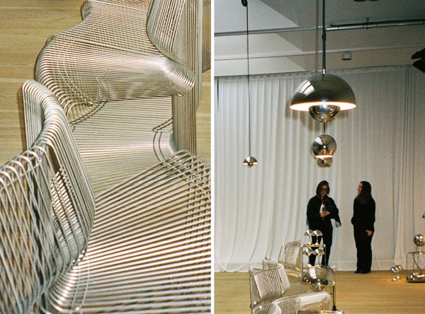 An exhibit curated by furniture shop Nordic Nest celebrated Vernor Panton’s 100th birthday, showing the designer’s Pantonova wire-frame modular seating and Flowerpot pendants, and Poul Henningsen’s PH lamps, all in chrome.