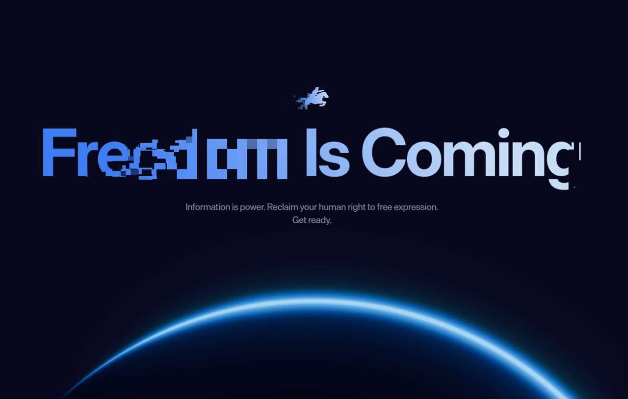Text graphic promoting freedom of expression with the message "Freedom Is Coming" and a blue planet silhouette in the background.