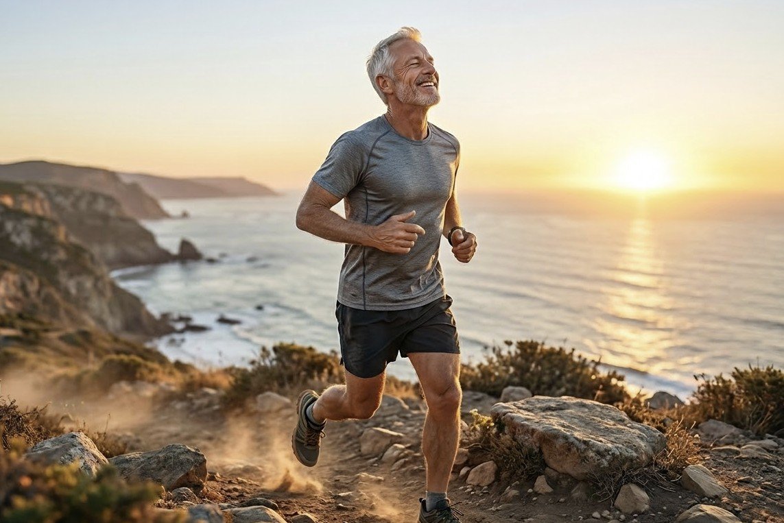 Senior man jogging along a coastal trail at sunset, showcasing an active lifestyle and scenic outdoor exercise.