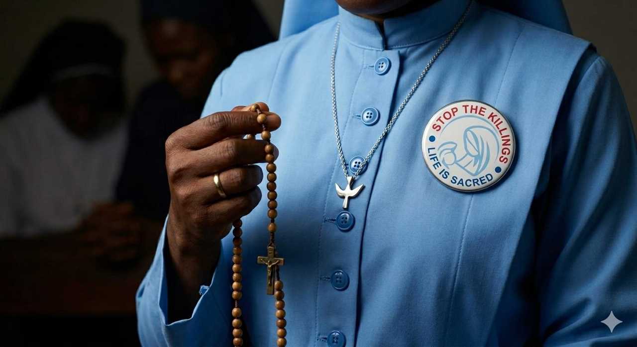 A nun in a blue habit holds a rosary and wears a badge advocating for the sanctity of life and an end to violence.