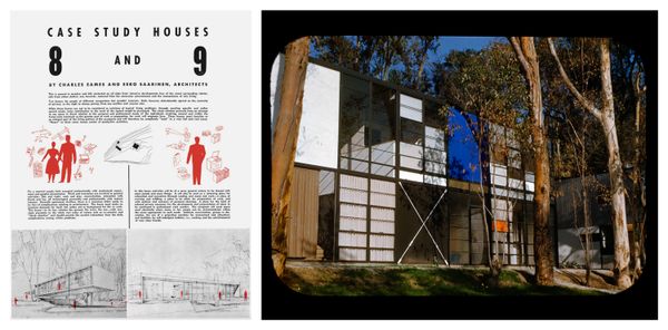 Announcement of the plans for Case Study Houses Nos. 8 and 9 in Arts & Architecture, December 1945 (left); An early 1950s photograph of the Eames House, initially intended for the film House: After Five Years of Living (right).