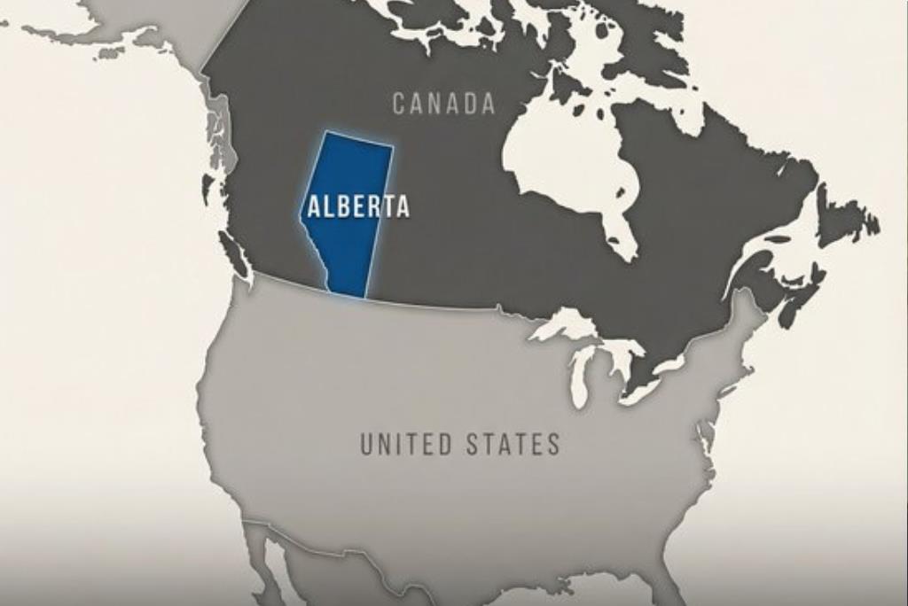 Map highlighting Alberta, Canada, located above the United States, showcasing its geographical position in North America.