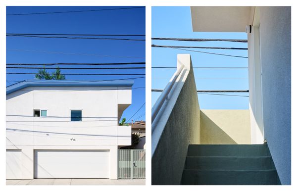 Shin Shin designed a 715-square-foot ADU in Westwood that responds architecturally to the overhead power lines. They emphasize the contour of the roof, and are framed by the entry stair. The blue fascia color was chosen to match the sky, creating an illusion of greater distance between the lines and the roof.