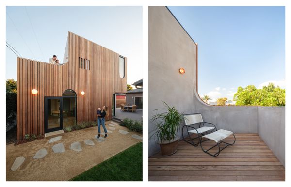 To avoid having to reduce his clients' ADU in Mar Vista to one story to avoid its proximity to the power lines behind the property, architectural designer Ben Warwas reworked the plan by creating a large deck at the rear and a deep overhang above the front door. "In the end, all these potential problems are opportunities for more interesting design,