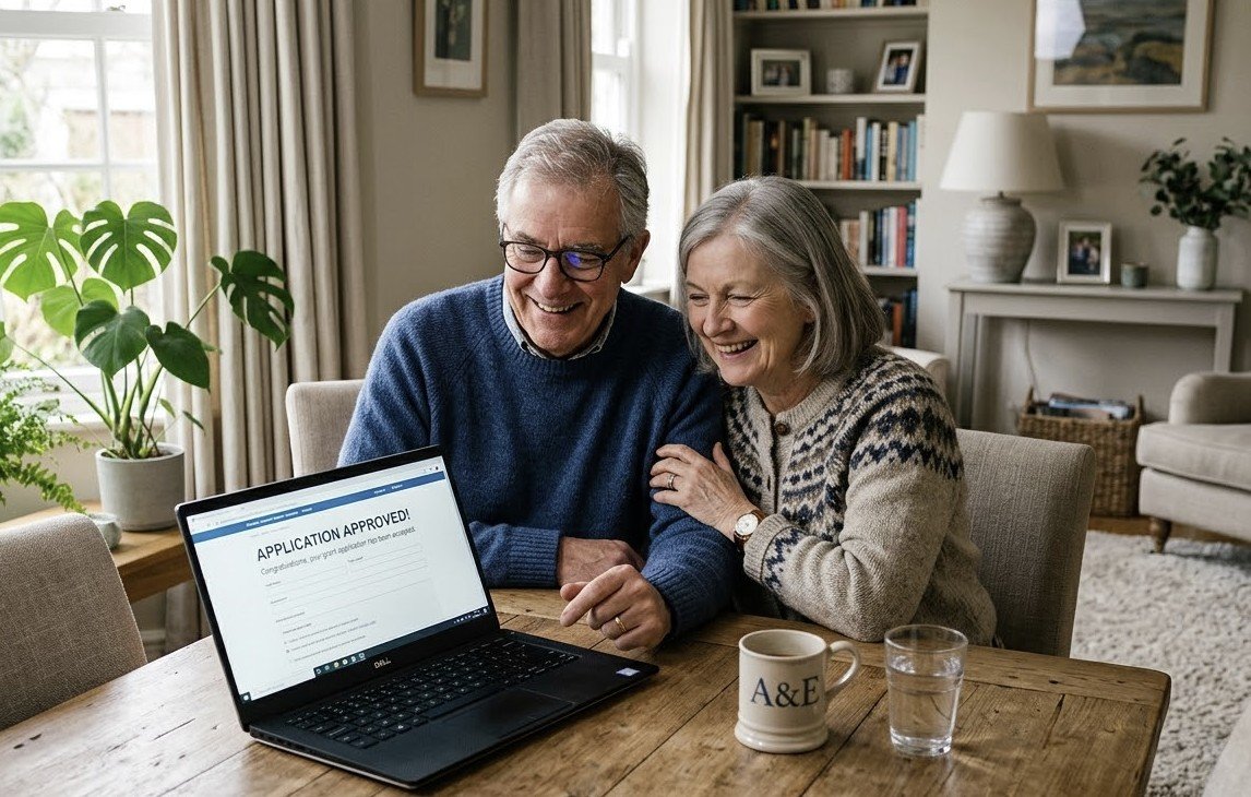 Happy elderly couple celebrating an application approval while sitting at a wooden table with a laptop, coffee mug, and water glass in a cozy living room.
