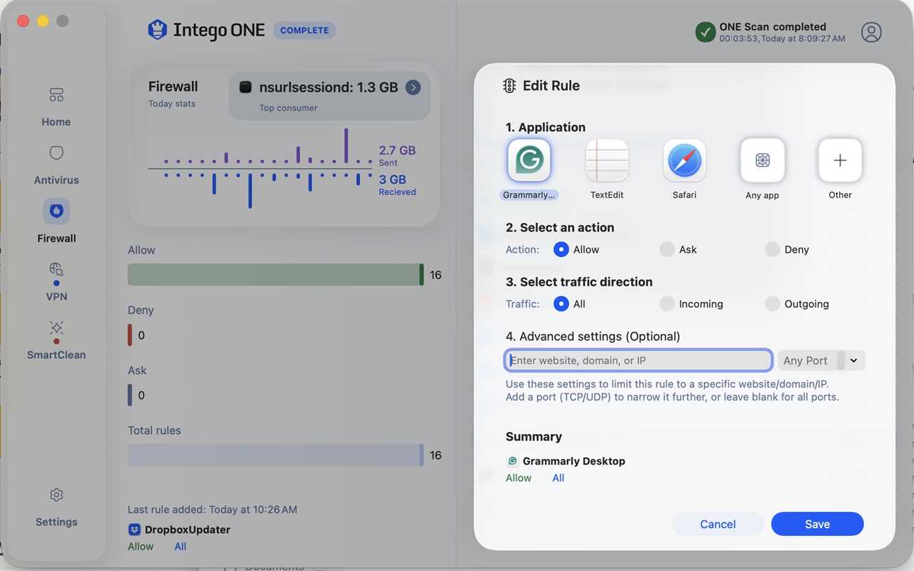 IntegoOne editing a Firewall function and assigning an application