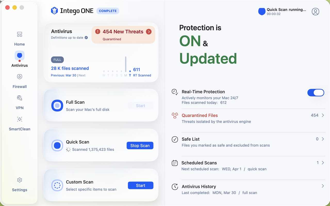 IntegoOne Antivirus module s main screen
