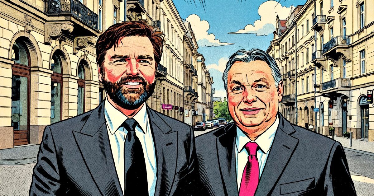 Two well-dressed men smile confidently on a city street, showcasing a blend of modern architecture and vibrant urban life.