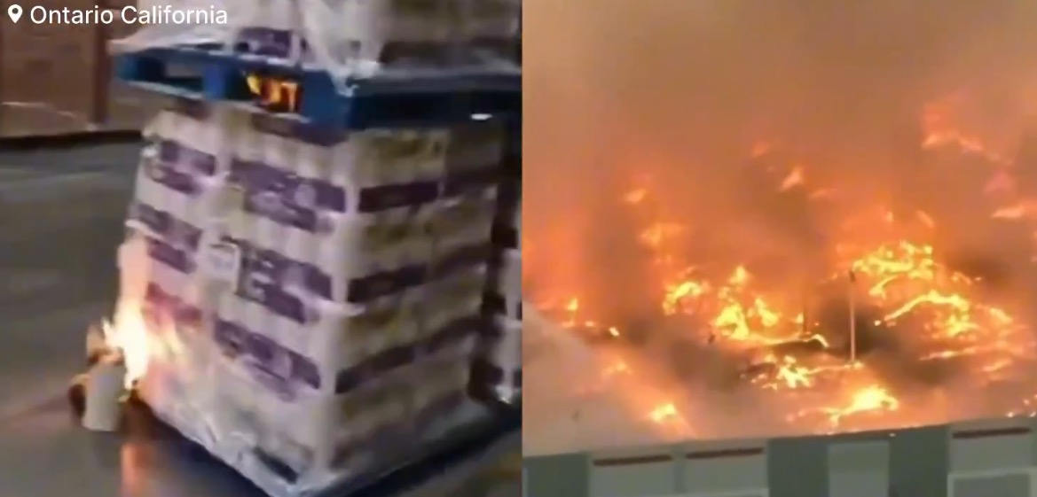 Fire incident in Ontario, California, showing burning pallets and flames engulfing the area, highlighting safety hazards in storage facilities.