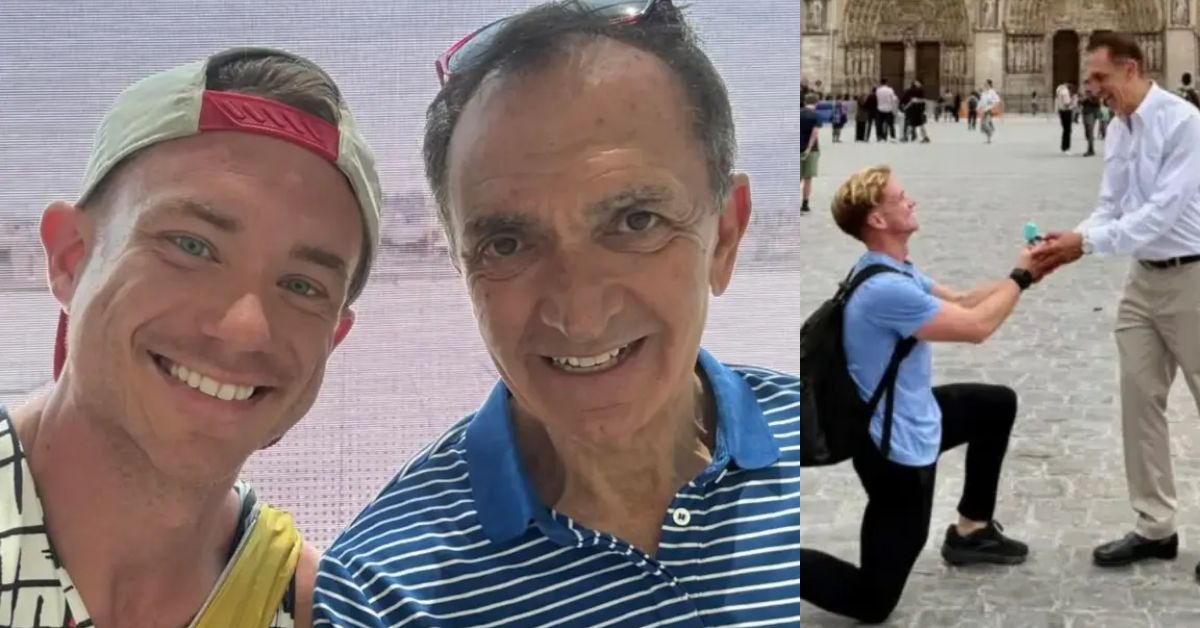A cheerful selfie of two men and a romantic proposal scene in a public square, showcasing moments of joy and connection.