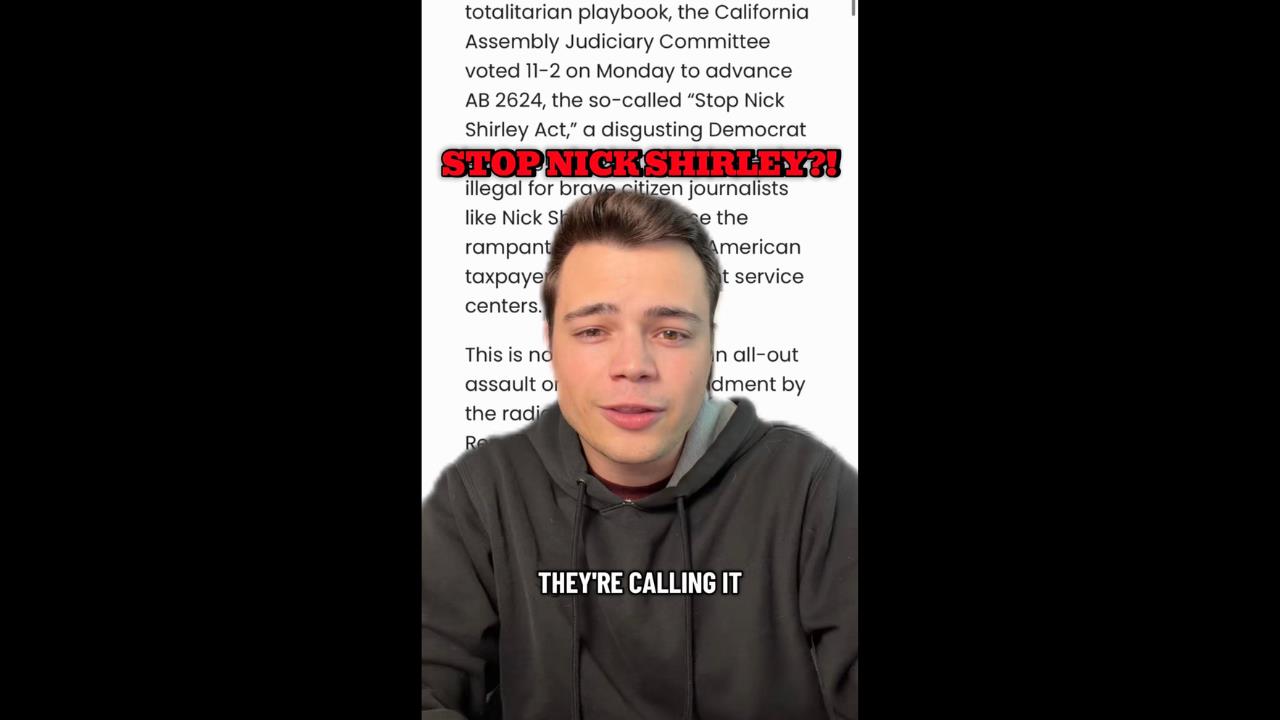 Young man discussing the California Assembly's vote on the controversial "Stop Nick Shirley Act" with text highlighting public concerns about freedom of expression.