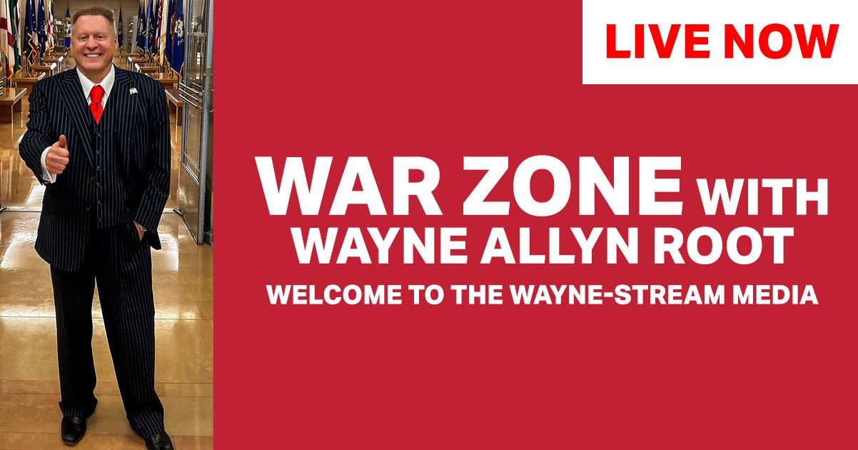 Wayne Allyn Root hosts War Zone, a live media show featuring political commentary and analysis, set against a backdrop of flags.
