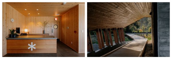 <span style="font-family: Theinhardt, -apple-system, BlinkMacSystemFont, "Segoe UI", Roboto, Oxygen-Sans, Ubuntu, Cantarell, "Helvetica Neue", sans-serif;">The Guesthouse, where visitors check in, was intended, the designers and architects explained in a recent video on the design of the site, to create a sense of calm. The countertop of the desk is a cast concrete, while the base is reclaimed cedar. Its roof is a salt box roof top, to mirror a common style choice for homes in the Pacific Northwest. Next to the Guesthouse is a boardwalk path that leads to the rest of the camp site, designed like a tunnel that would