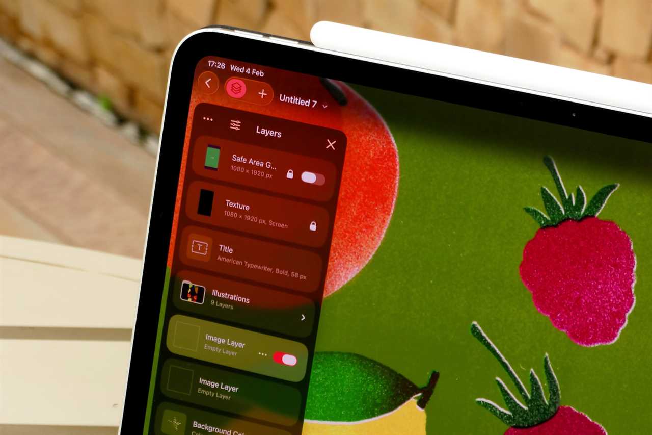 Pixelmator Pro in an iPad with an Apple Pencil charging