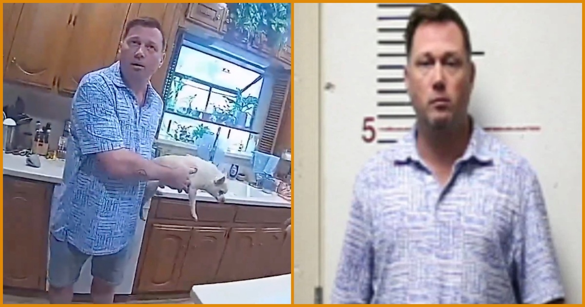 Man in a blue patterned shirt holding a cat in a kitchen, next to a police mugshot image.