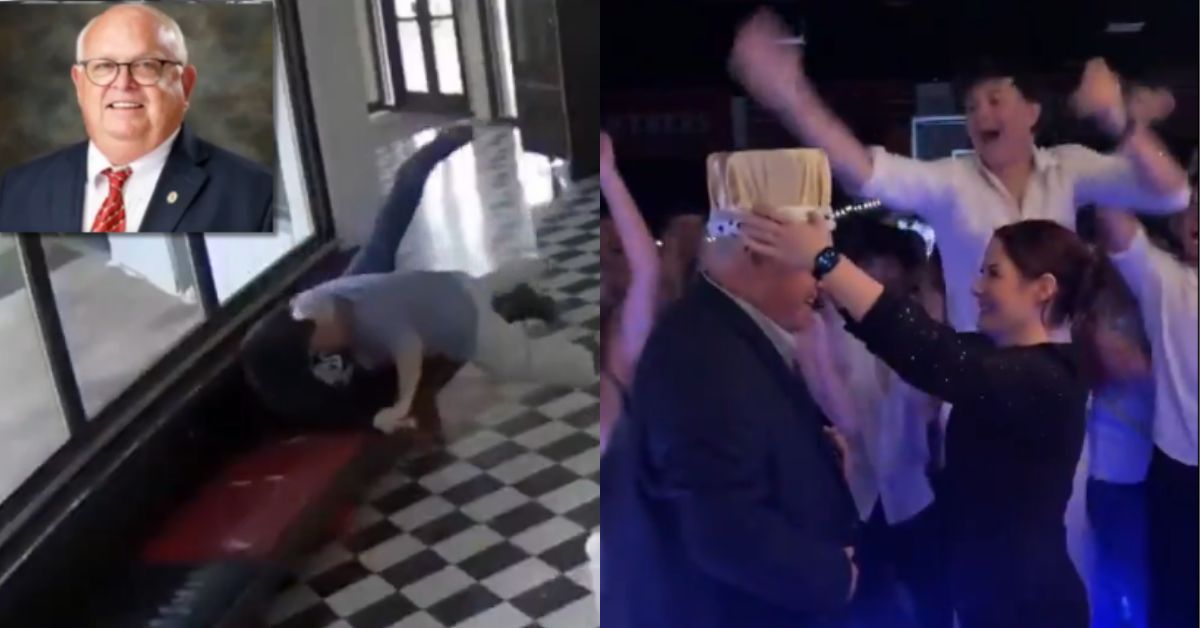 A split image showing a humorous fall during a celebration and a joyful party scene with guests celebrating and dancing.