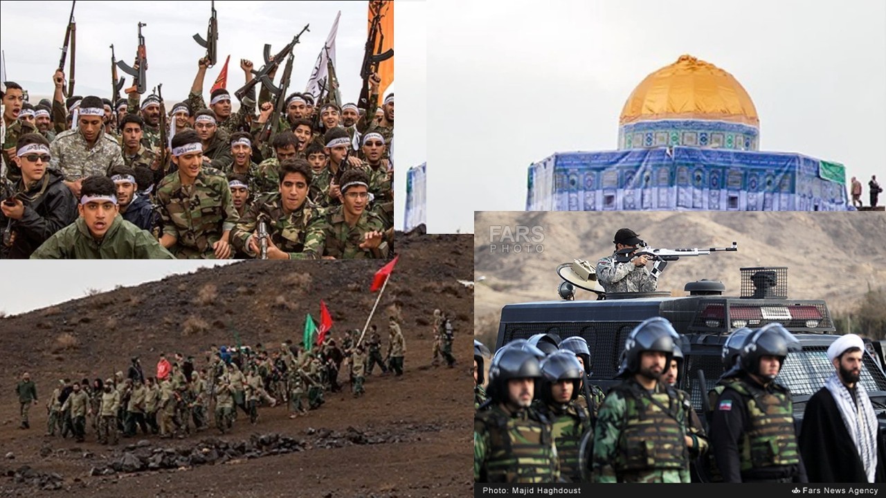 Youth militants in camouflage gear display weapons and flags during a rally, with armed guards and a prominent mosque in the background, emphasizing military presence and solidarity.
