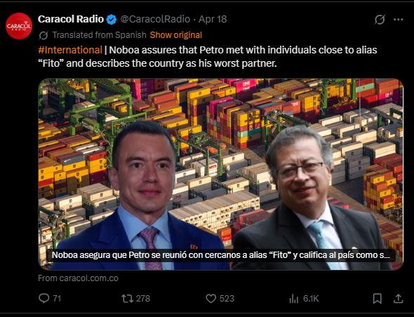 Image of Noboa and Petro discussing connections to alias "Fito" amidst shipping containers, highlighting international relations and trade concerns.