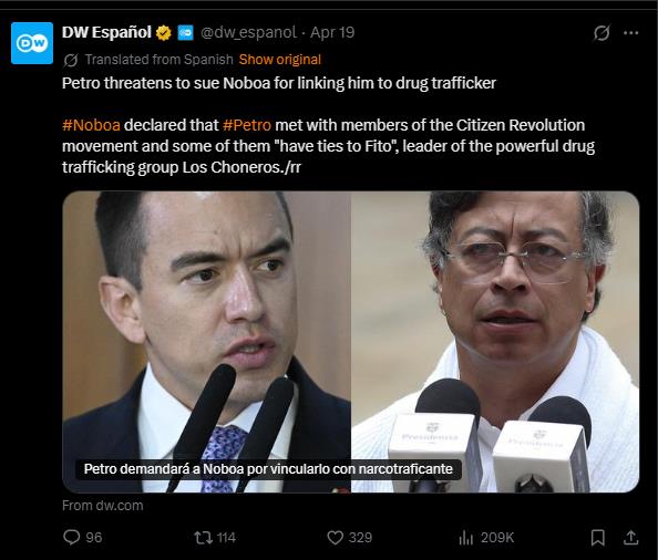 Image of Colombian politicians Noboa and Petro discussing allegations linking Petro to drug trafficking, highlighting political tension and legal threats.