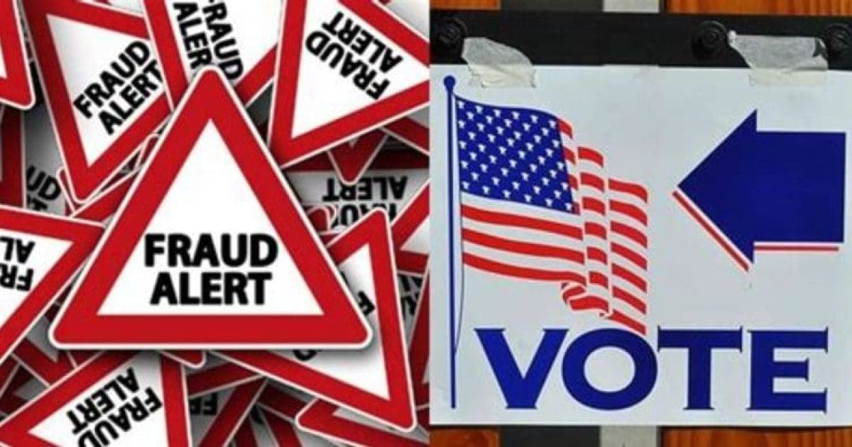 Image shows multiple red triangular "Fraud Alert" signs alongside a voting sign featuring the American flag, emphasizing election integrity and voter awareness.