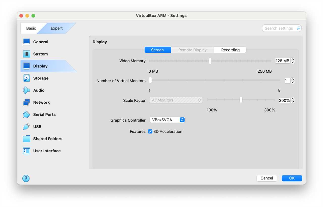 The main Settings dialog box in VirtualBox