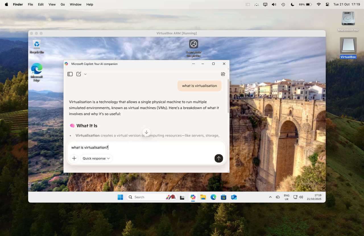 VirtualBox running Windows 11 and Copilot