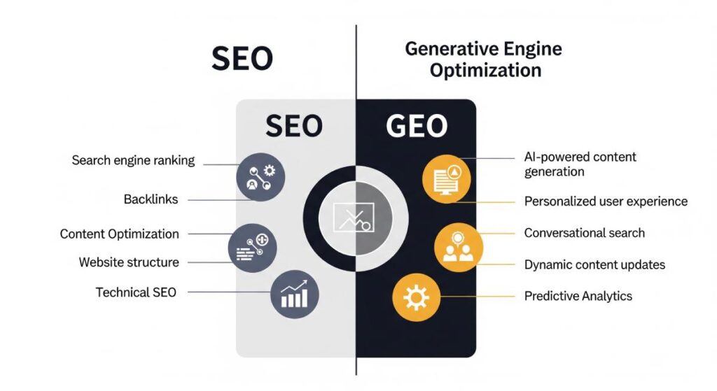a graphic explaining the differences between SEO and GEO
