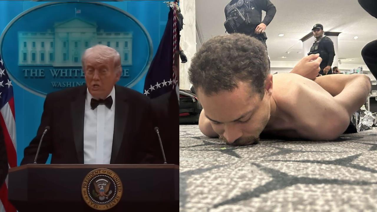 Former President Donald Trump speaks at a press conference, while a person is restrained on the floor by law enforcement in a separate scene.