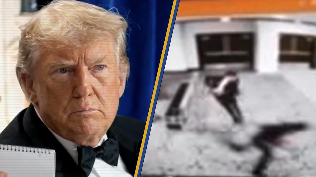 Image features a serious-looking man with light hair in formal attire beside a blurred security footage scene, suggesting a dramatic event or confrontation.