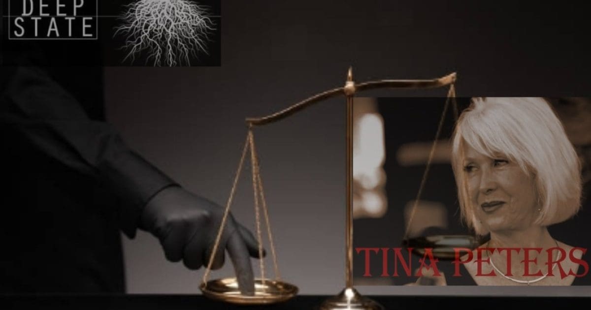 A hand in a black glove adjusts a scale of justice, symbolizing legal balance, alongside images related to Tina Peters and the concept of the deep state.