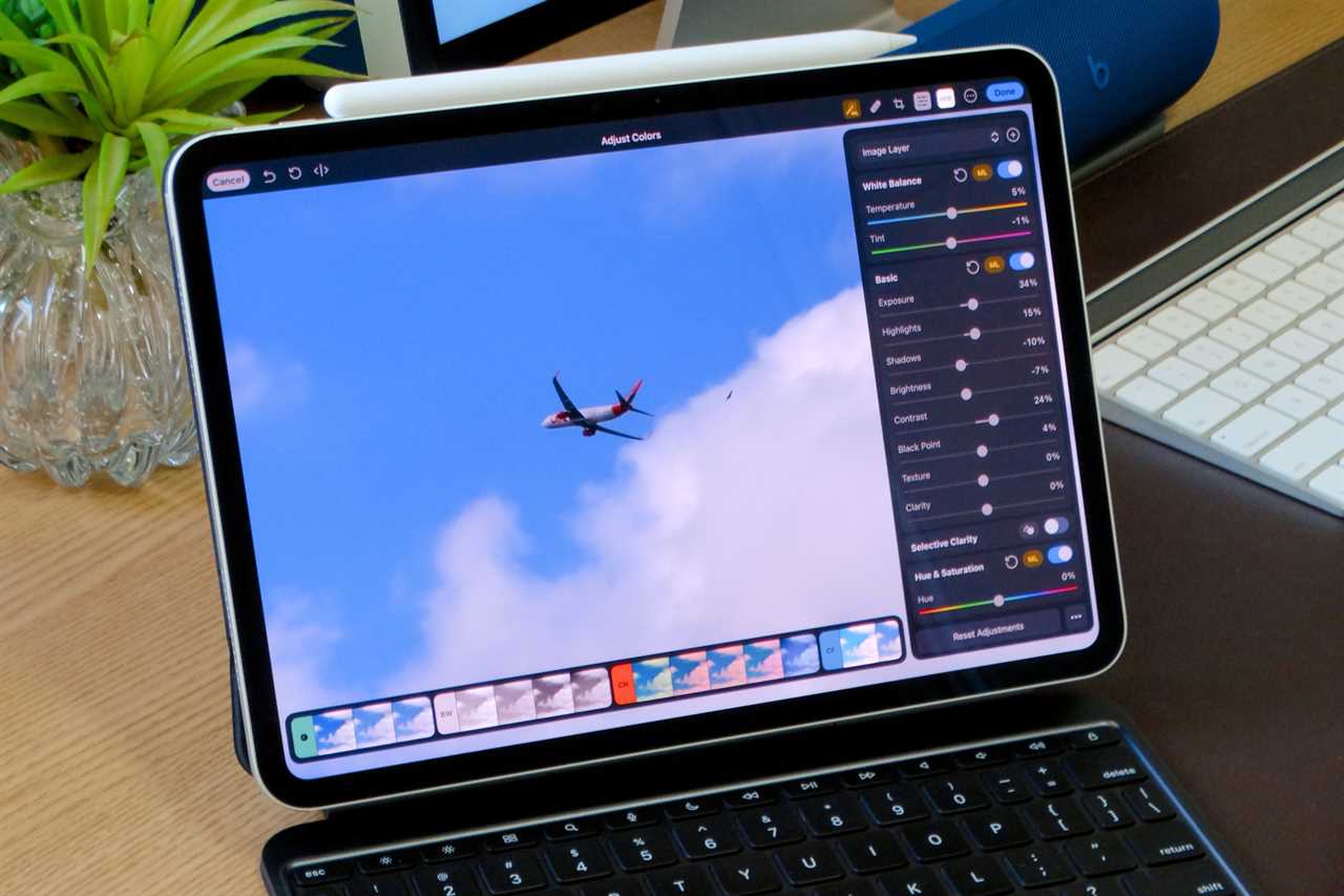 Photomator on an iPad attached to a magic keyboard