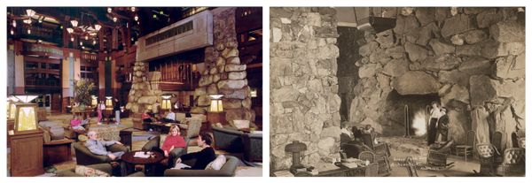 At left, the Great Hall of the Grand Californian Hotel in 2001; at right, The Grove Park Inn in the early 1900s.