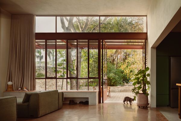 Jaguara, one of the couple’s cats, walks in from the front yard. The cats inspired the design of the built-in bench by the entrance, where they often perch to observe the outdoors. The tinted cement floors have a rosy hue that complements the dark-red steel window frames.
