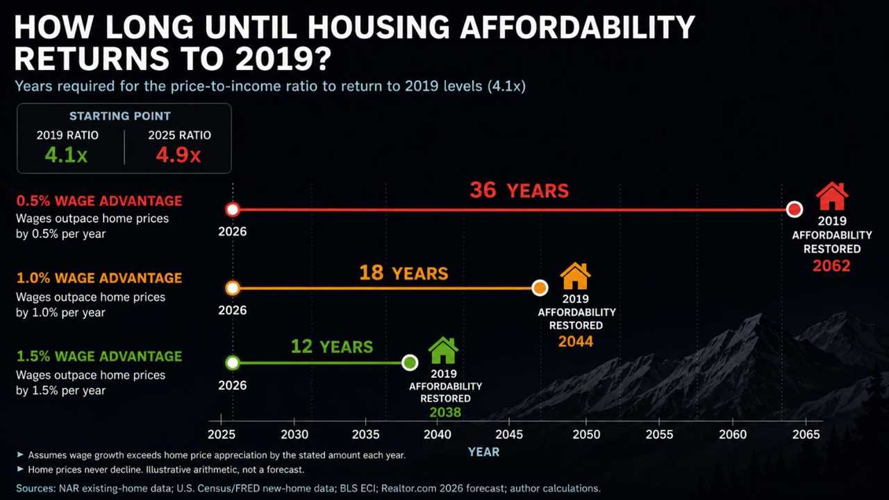 Line graph entitled "How Long Until Housing Affordability Returns to 2019?"