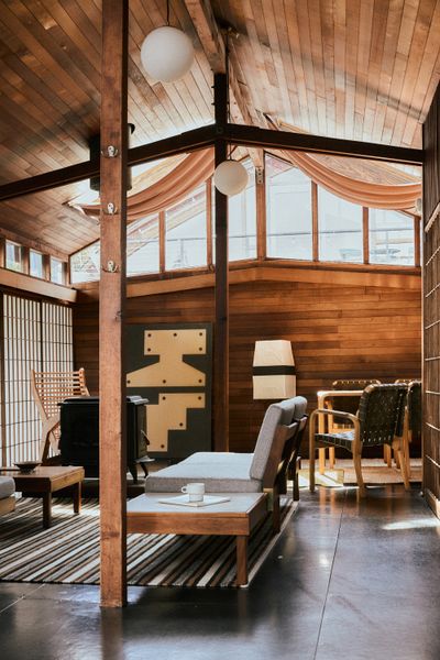 The houseboat has been staged by solid oak furniture maker Keeps, rug design practice Studio Tenjung, and local vintage design shop In The Comfort Of.