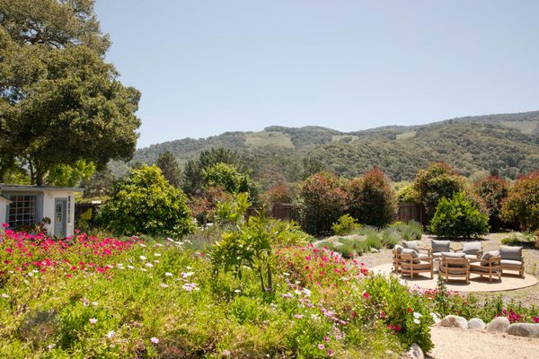 The property includes two small cottages and overlooks the Santa Lucia Mountains.
