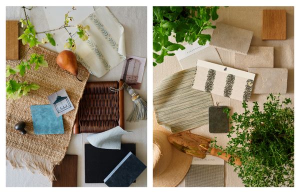 The dining room moodboard (left) includes a stripe fabric by <a href="https://www.rosetarlow.com/">Rose Tarlow</a> for the curtains and a jute rug from <a href="https://www.lawrenceoflabrea.com/">Lawrence of LaBrea</a>. The garden moodboard (right) includes a <a href="https://www.hollyhunt.com/products/collections/great-plains">Great Plains</a> fabric for the ottomans and limestone pavers from <a href="https://www.eco-outdoor.com/en-us/stone-flooring/limestone">Eco Outdoor</a>.