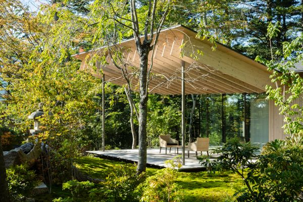 ROOF/BIRDS takes its name from its cluster of roofs, which the architects designed to evoke a flock of birds moving through the forest.