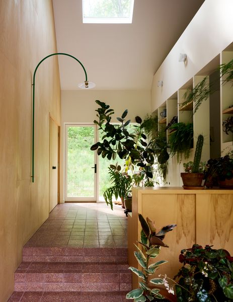 GRT Architects designed this sunlit entry hallway especially for the homeowners’ large collection of houseplants, which they brought over from Brooklyn. The floor is made of terra-cotta-hued cement tiles. The green arched sconce is by <a href="https://www.smallable.com/en/product/hanging-lamp-no.-2-mini-wall-sconce-muller-van-severen-green-valerie-objects-438180?country=US&currency=USD&utm_source=google&utm_medium=cpc&utm_campaign=1.+Pmax+DSG+US&gad_source=1&gad_campaignid=23828700940&gbraid=0AAAAADxrY8u1msAn1fBYBlkd2Qvq1eQpx&gclid=Cj0KCQjwt9jVBhDXARIsAFSP-6eLrjoACzVBo-jULc2s6unstqs0pODQW266o-gWffP4a31j7XSavlUaAotPEALw_wcB">Muller van Severen</a>.