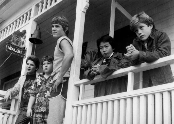 The young cast of The Goonies, a popular 1985 adventure comedy, on the porch of the Victorian overlooking the Columbia River in Astoria, Oregon.