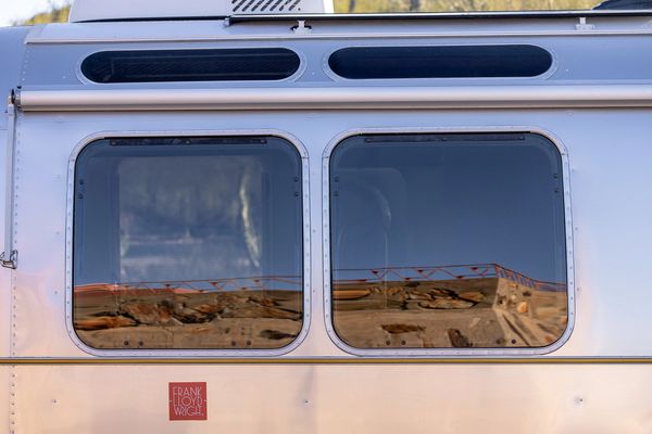 Wright’s signature red square that appeared on many of his buildings is fixed to the side of the trailer.